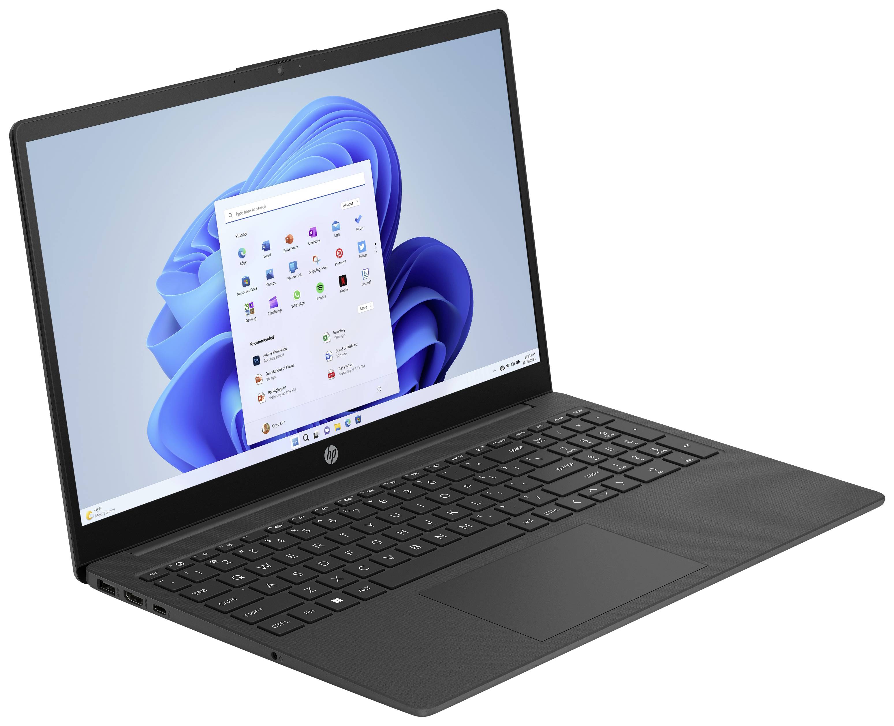 Ein schwarzer Laptop mit geöffnetem Bildschirm zeigt den Windows-Desktop mit Symbolen und Startmenü auf einem blauen Hintergrund.