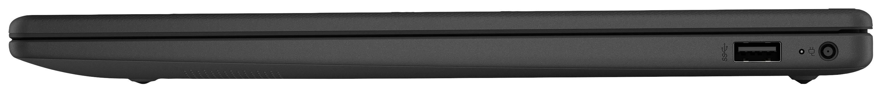 Geschlossener Laptop von der Seite gezeigt, schwarz, mit USB-Anschluss rechts sichtbar.