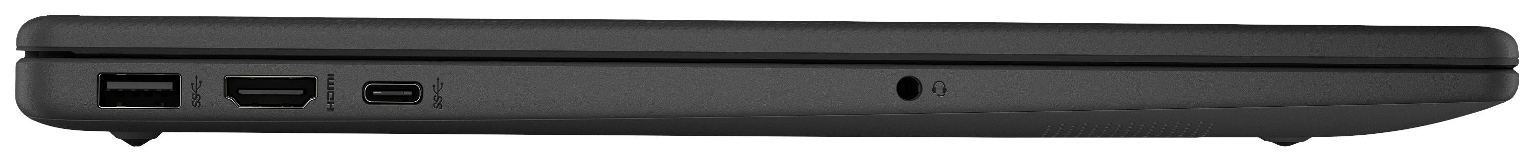 Ein seitlich geschlossenes Laptop, schwarz, zeigt USB-Anschlüsse und eine Kopfhörerbuchse.