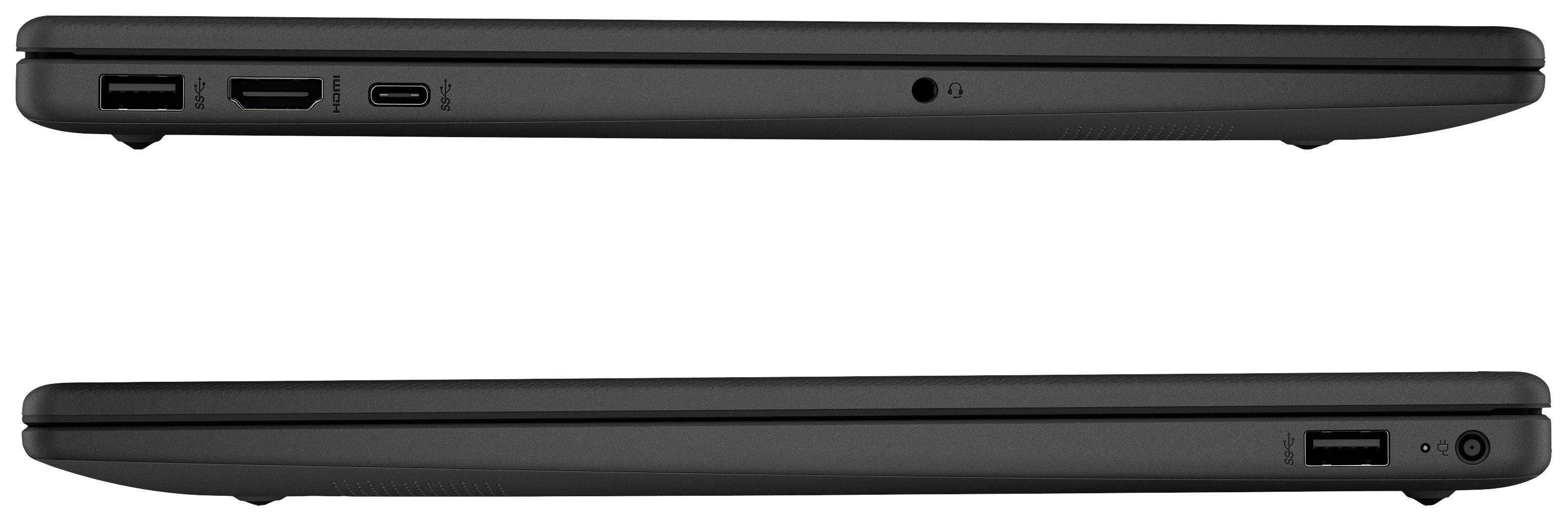 Zwei Laptops liegen übereinander mit geschlossenen Bildschirmen. Der obere zeigt Anschlüsse: USB, HDMI, USB-C; der untere hat einen USB-Anschluss.