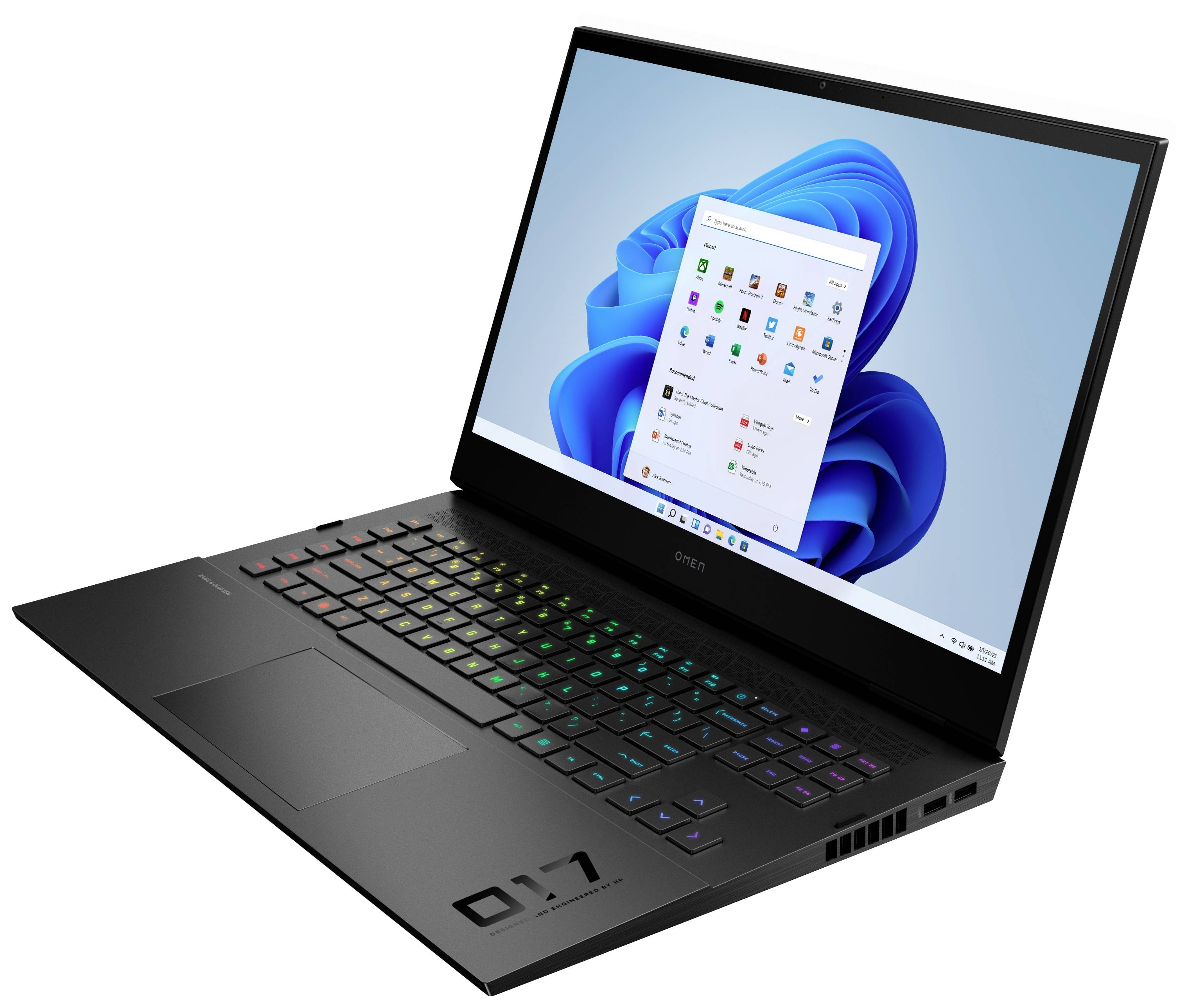 Ein schwarzer Laptop mit bunter Tastatur zeigt den Startbildschirm von Windows 11 auf einem blauen Hintergrund.