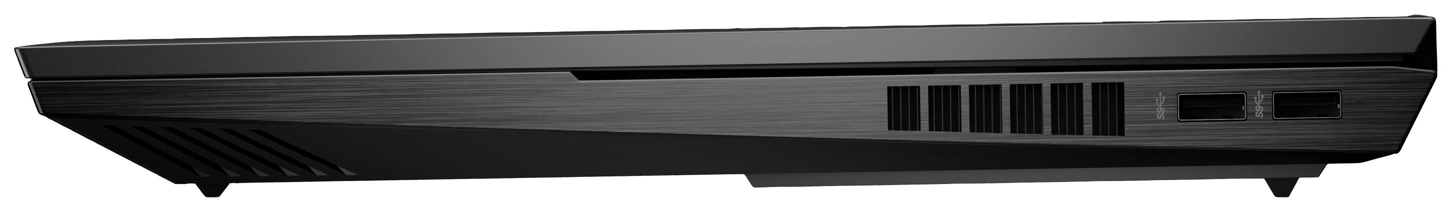 Ein schwarzer Laptop von der Seite gesehen. Lüftungsschlitze und Anschlüsse sichtbar.