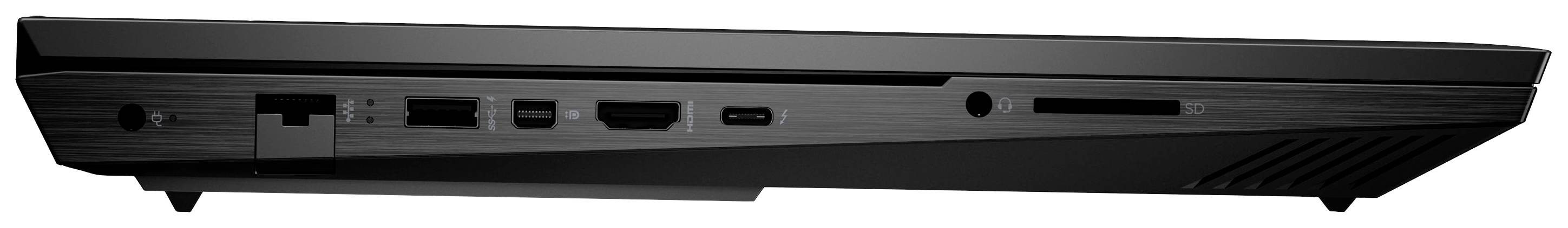 Seitenansicht eines geöffneten Laptops mit mehreren Anschlüssen: Ethernet, USB, HDMI, und Kartenleser; schlankes, schwarzes Design.