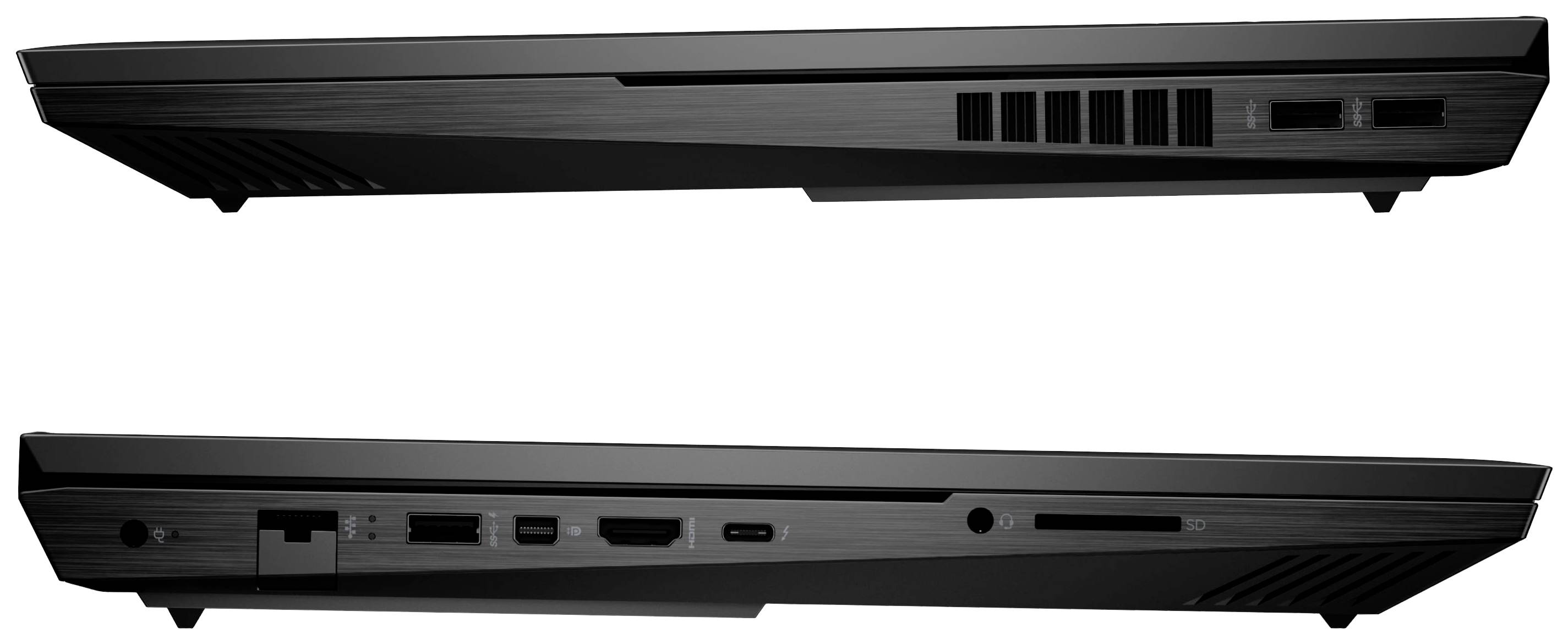 Ein Laptop von der Seite gezeigt, oben mit Lüftungsschlitzen und unten mit Anschlüssen wie USB, HDMI und Ethernet.