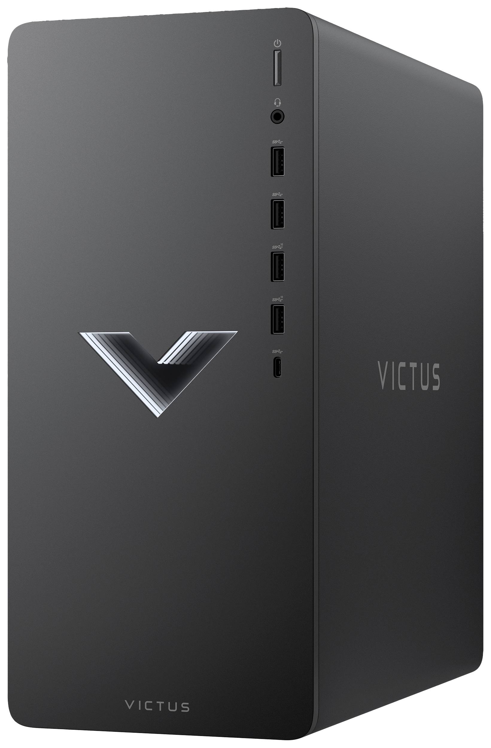 Ein schwarzer Desktop-Gaming-PC mit dem Schriftzug 'Victus' und mehreren USB-Anschlüssen auf der Vorderseite.