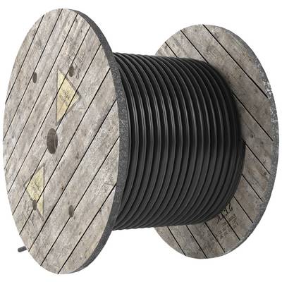 Eine große Holzspule mit aufgewickeltem schwarzen Kabel, seitlich liegend.
