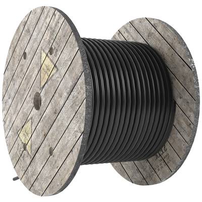 Eine große Holzspule mit schwarzem Kabel, das sich mehrfach darum wickelt.