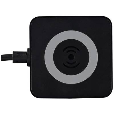 Ein schwarzes, quadratisches, kabelloses Ladegerät mit einem grauen Ring in der Mitte, das an ein Stromkabel angeschlossen ist.