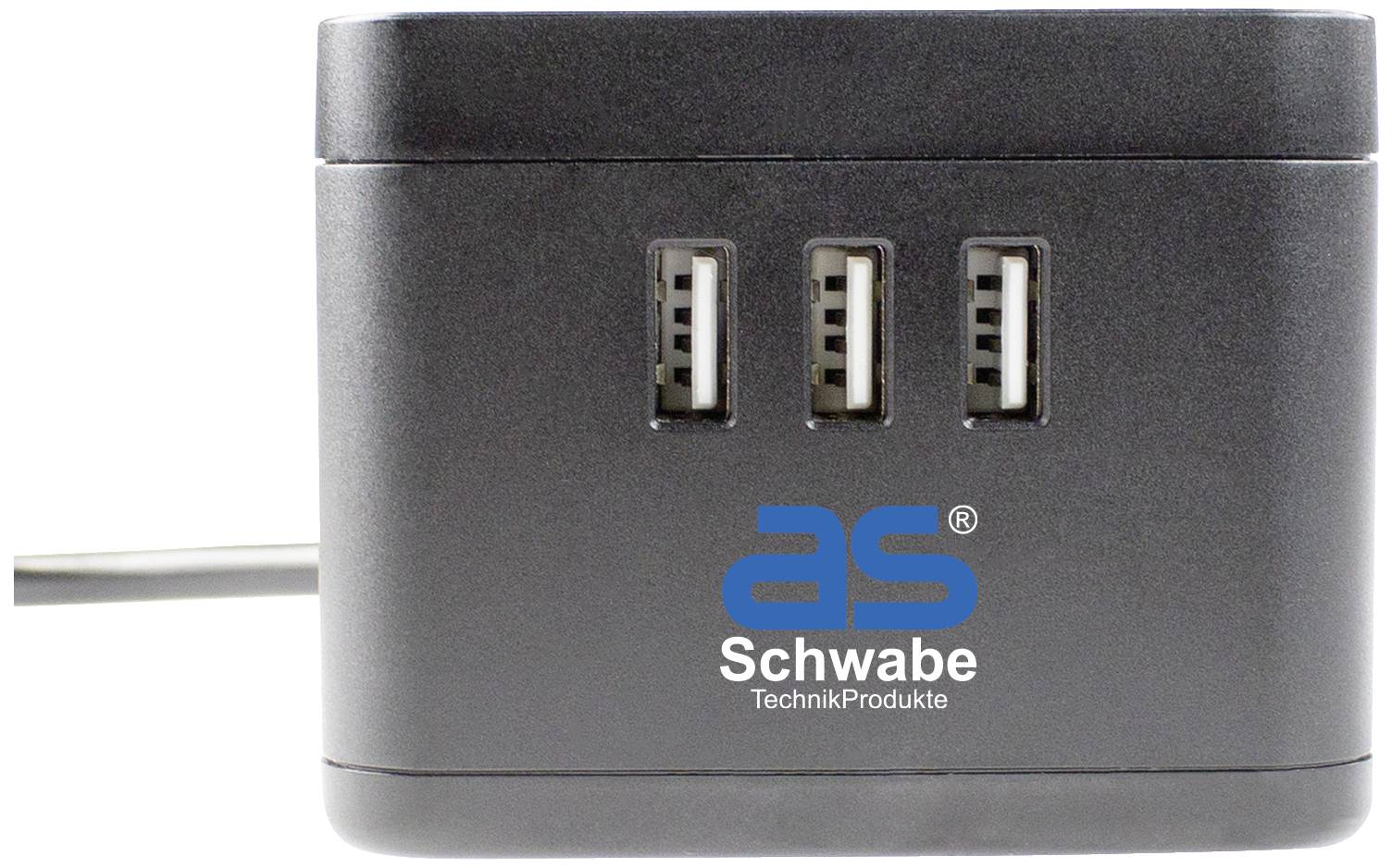 USB-Ladegerät mit drei Anschlüssen, silbernes Gehäuse, Marke 'as Schwabe'. Ideal zum gleichzeitigen Laden mehrerer Geräte.