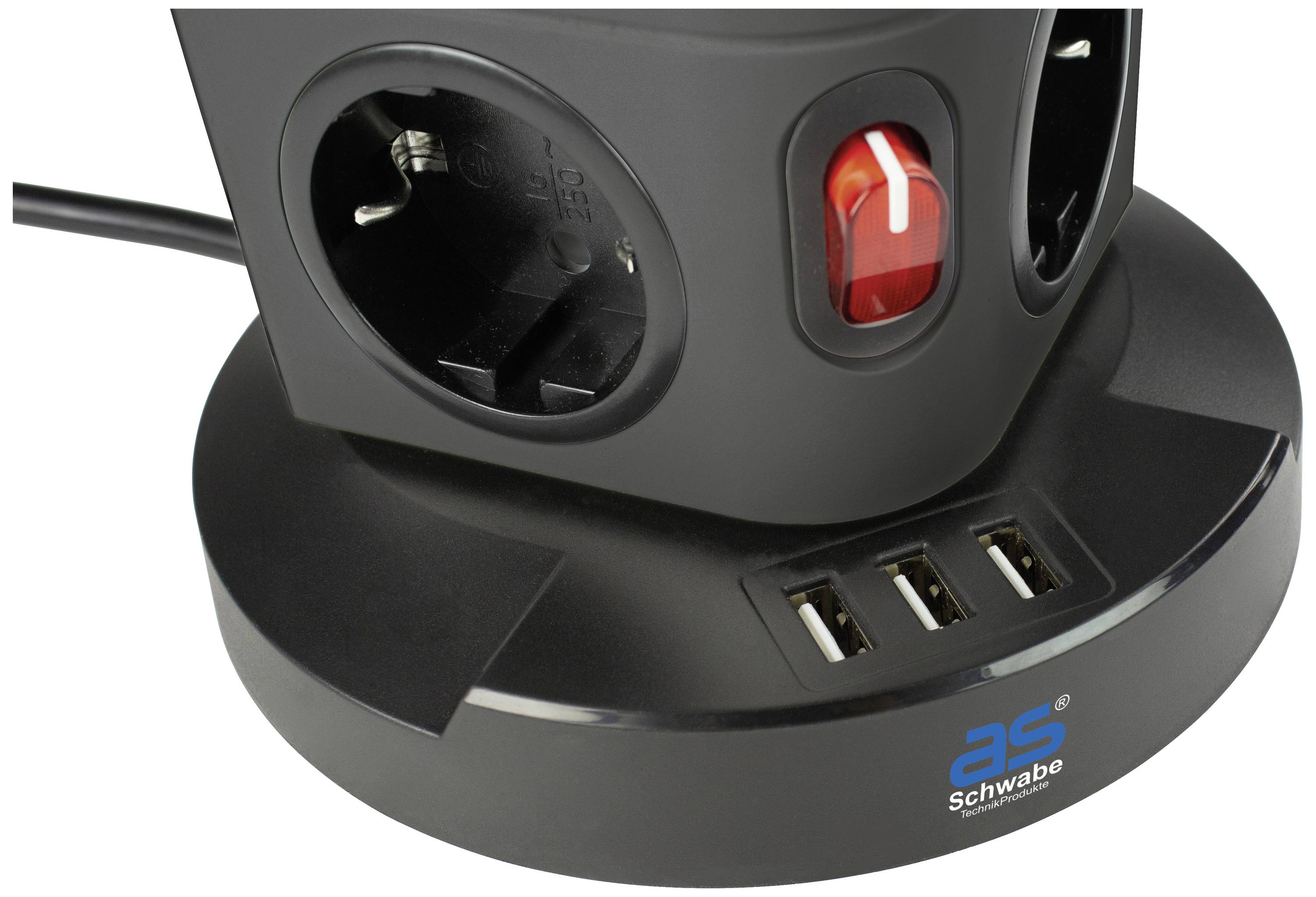 Eine schwarze Mehrfachsteckdose in Turmdesign mit zwei Steckplätzen, drei USB-Anschlüssen und einem roten Schalter auf einem runden Sockel.