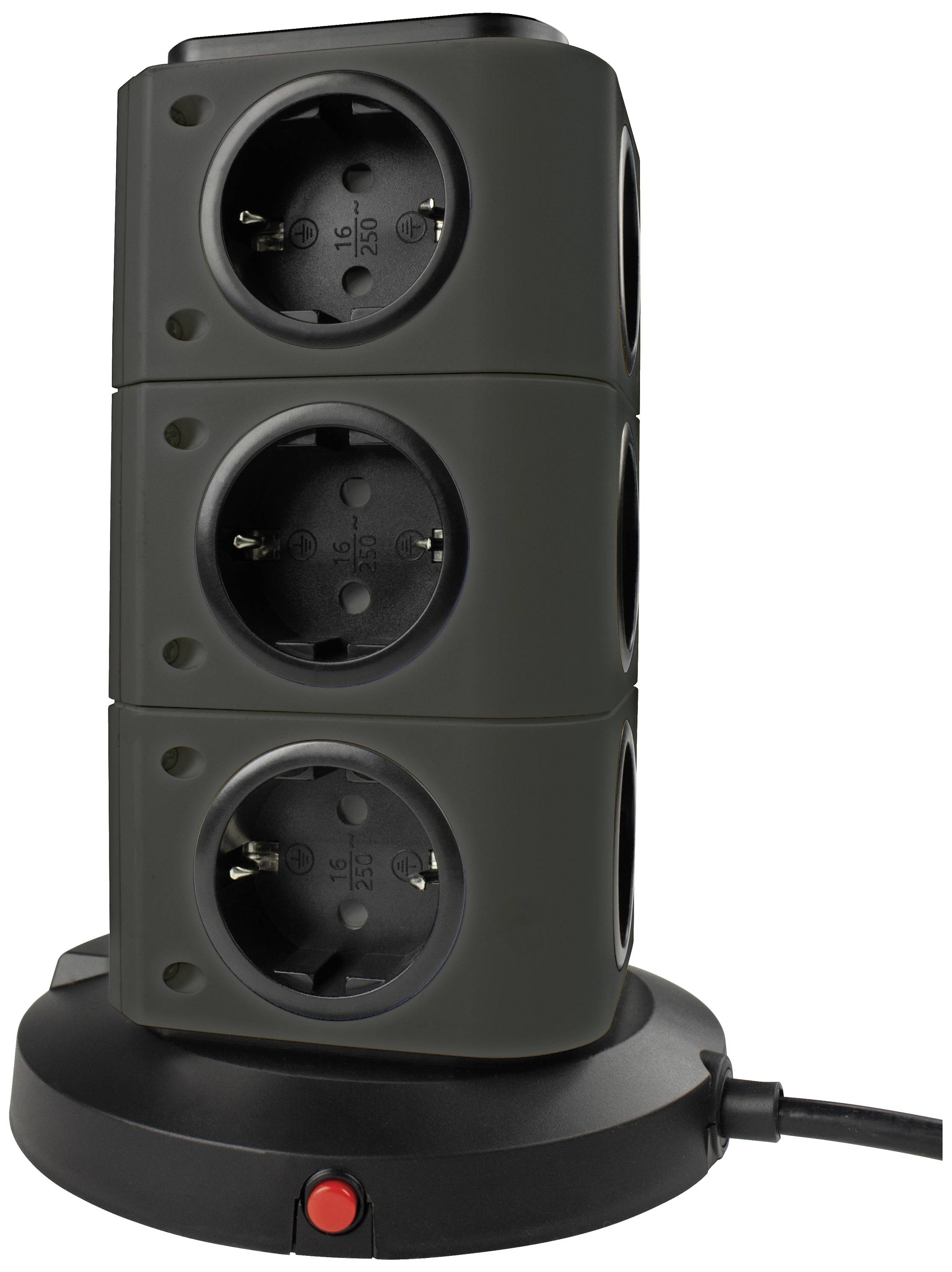Eine schwarze, vertikale Steckdosenleiste mit neun Steckplätzen, platziert auf einem runden Sockel mit rotem Schalter an der Basis.