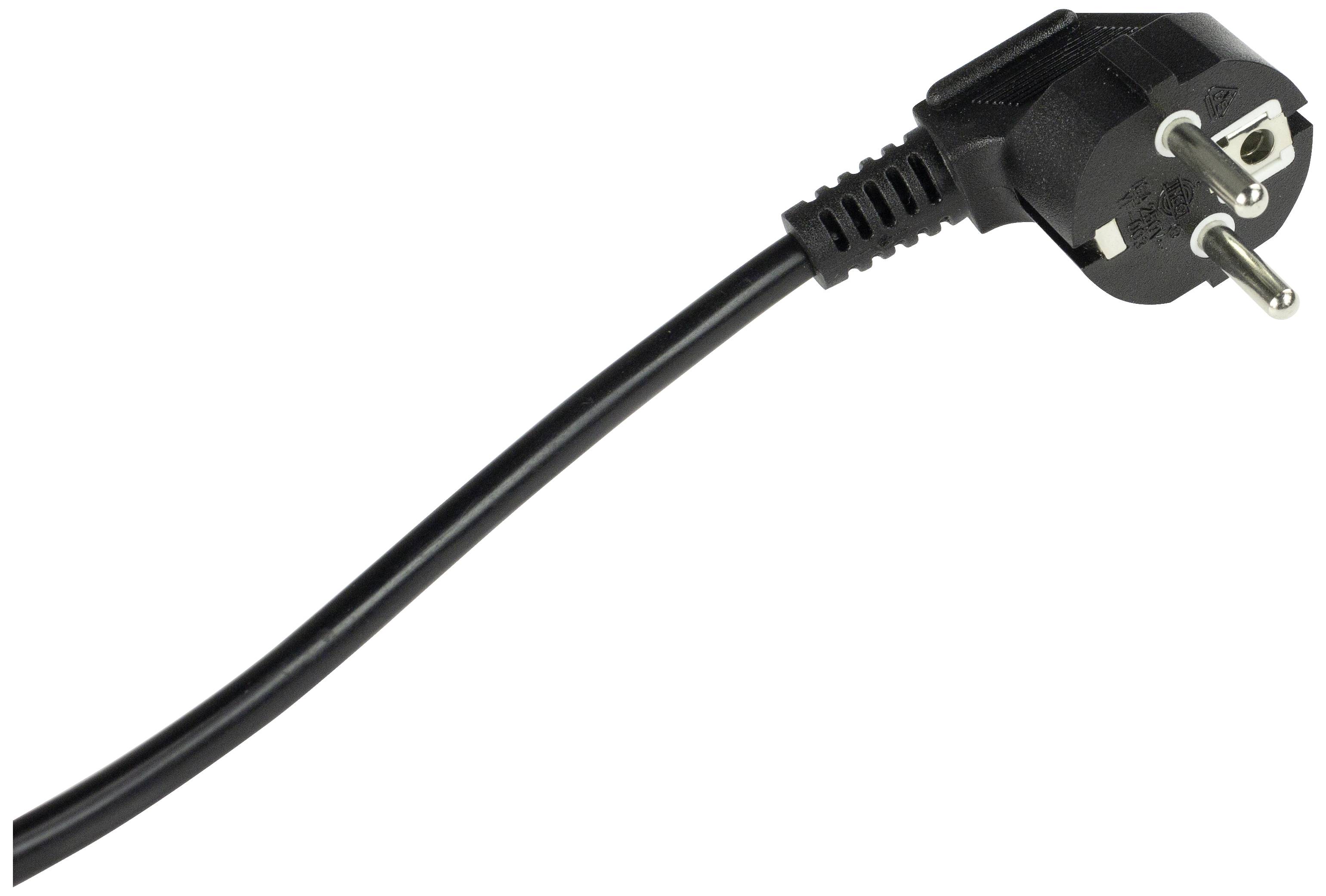 Schwarzer Steckdosenstecker mit Kabel, europäischer Stecker, auf weißem Hintergrund.