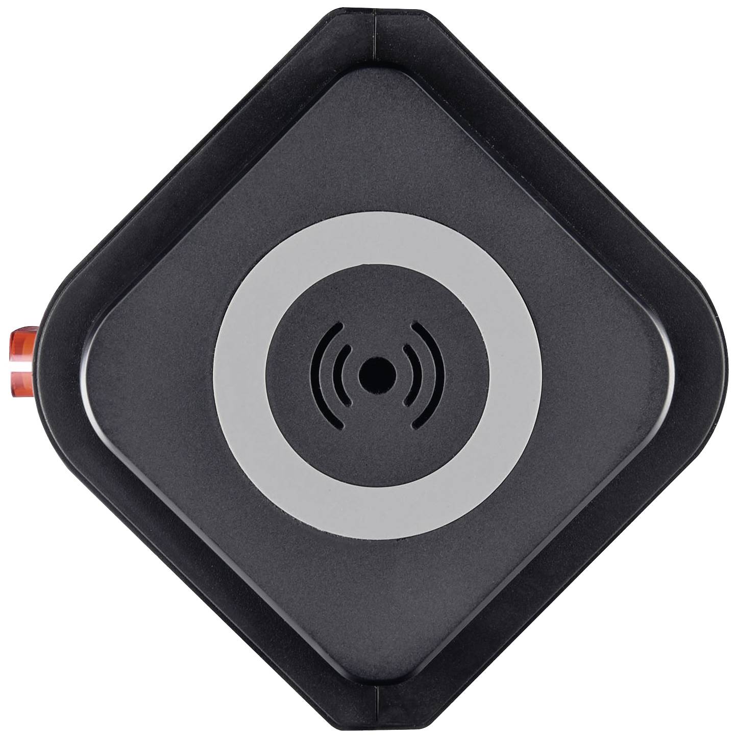 Draufsicht eines quadratischen kabellosen Ladegeräts mit abgerundeten Ecken. In der Mitte befindet sich ein Kreis mit einem Ladesymbol.