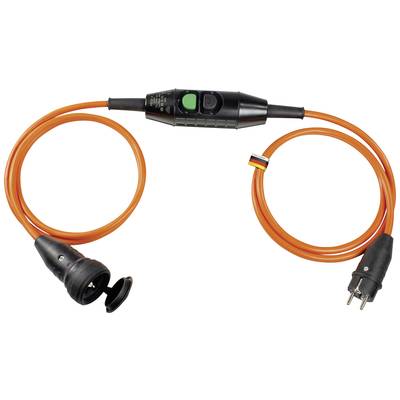 Oranges Verlängerungskabel mit grünem und schwarzem Schalter in der Mitte. Links endet das Kabel in einem schwarzen Stecker mit Klappe. Rechts endet es in einem Standardstecker.