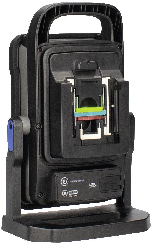 LED-Strahler mit Halterung und USB-Anschluss. Tragegriff oben, schwarzes Gehäuse. Geeignet für mobile Beleuchtung und Laden.