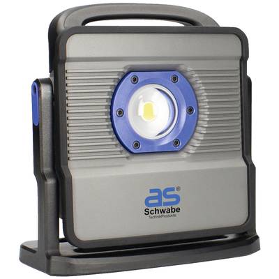 Tragbarer LED-Arbeitsstrahler mit blauem Ring, ergonomischem Griff und stabilem Standfuß, geeignet für Baustellenbeleuchtung.