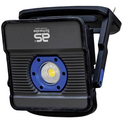 Ein tragbarer LED-Strahler mit einem blauen Ring um das Lichtmodul. Marke 'Schwabe TechnoLux'. Schwenkbarer Halterungsarm.
