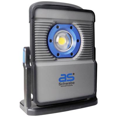 Tragbares LED-Baustellenlicht mit blauer Fassung und grauem Gehäuse, Markenlogo 'as Schwabe' auf der Vorderseite.