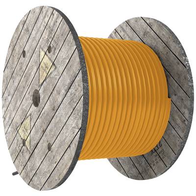 Große Holztrommel mit aufgewickeltem orangefarbenem Kabel, stehend auf der Seite.