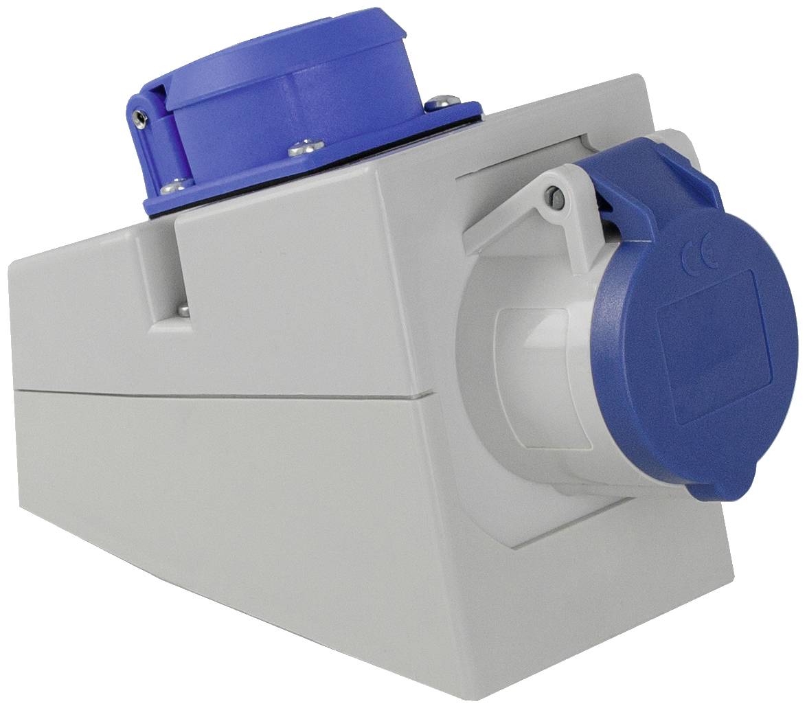 Eine blaue und graue industrielle Steckdose in schräger Seitenansicht. Sie ist robust gestaltet für schwere elektrische Anwendungen.