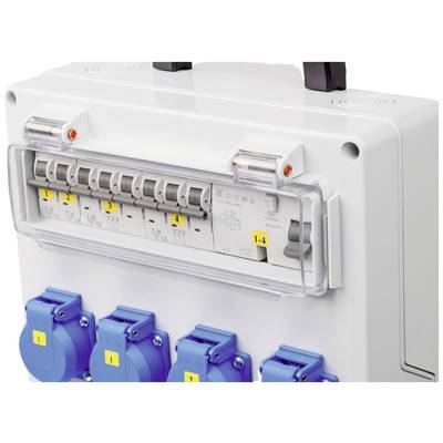 Ein elektrischer Verteilerkasten mit mehreren blauen Steckdosen und vier Sicherungen, beschriftet mit Nummern von 1 bis 4.