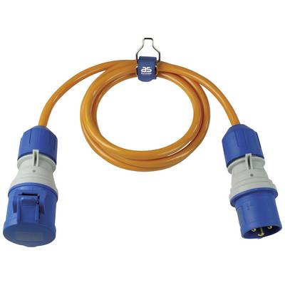 Orangefarbenes Verlängerungskabel mit blauen Steckverbindern an beiden Enden, geeignet für den Außenbereich.