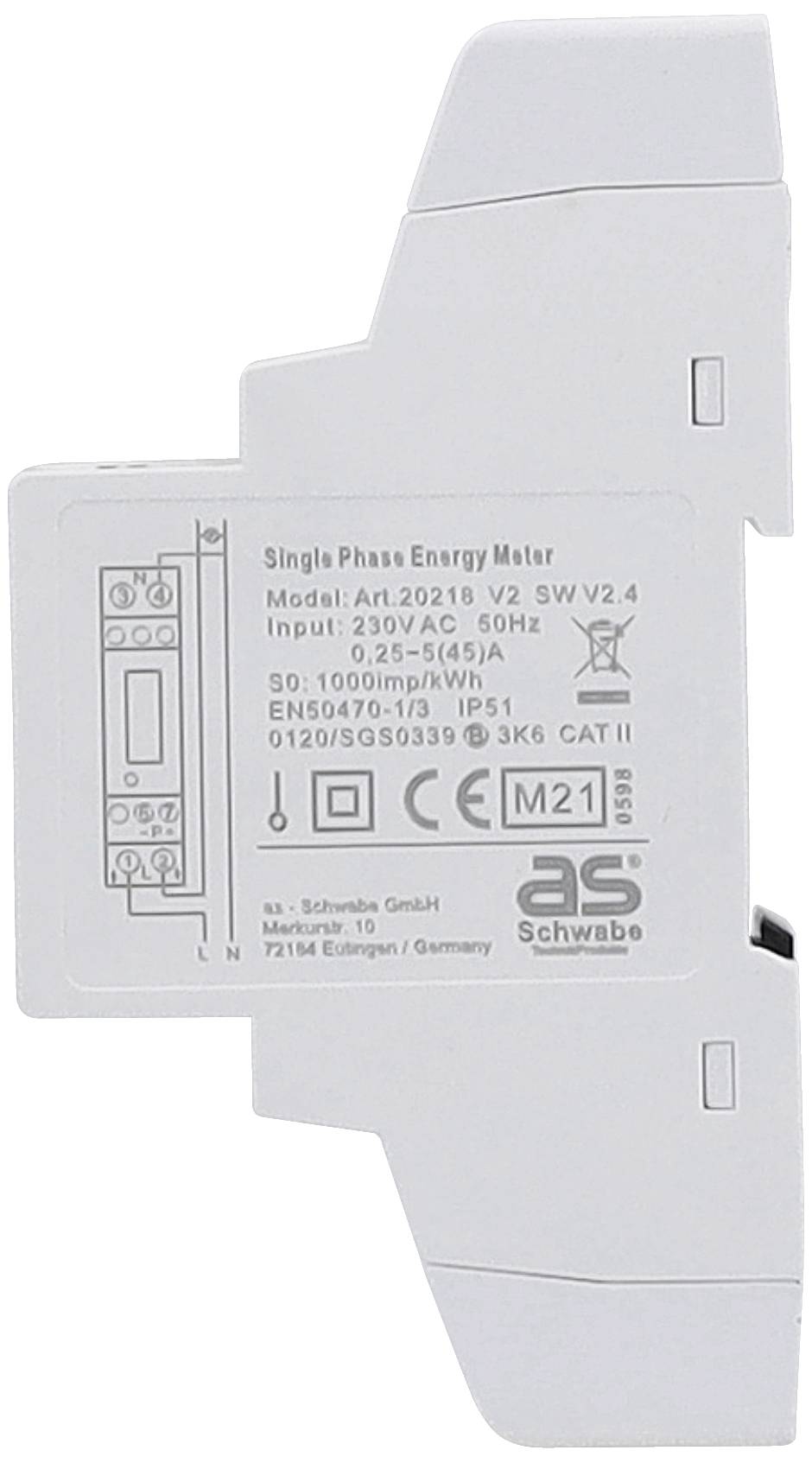 Einphasen-Energiezähler, Modell Art.20218 V2, 230V AC, 50Hz, 0,25-45A, 1000imp/kWh, IP51, von AS Schwabe GmbH.