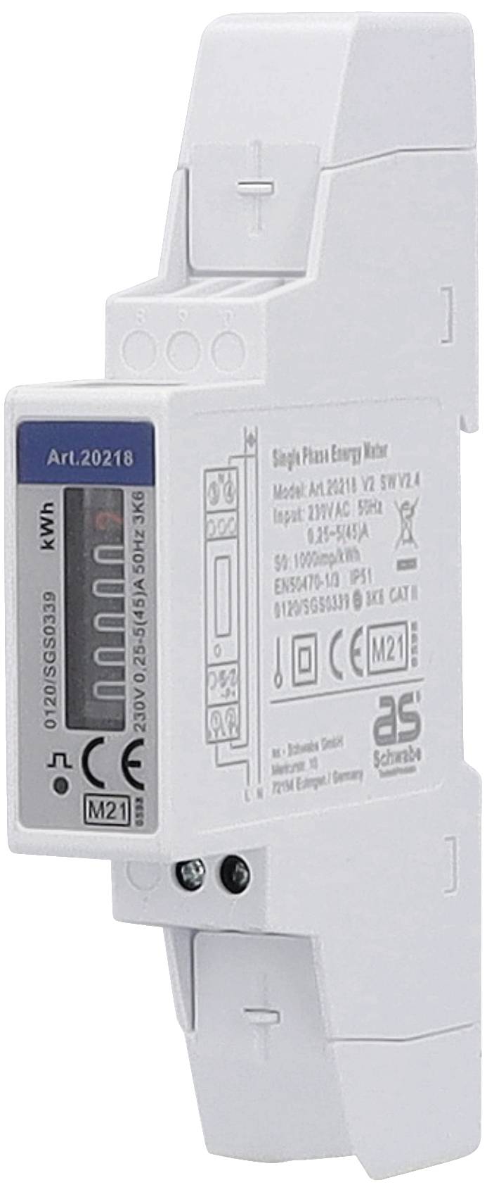 Stromzähler für Einphasen-Wechselstrom, seitlich montierbar, mit Digitalanzeige für kWh-Verbrauch.
