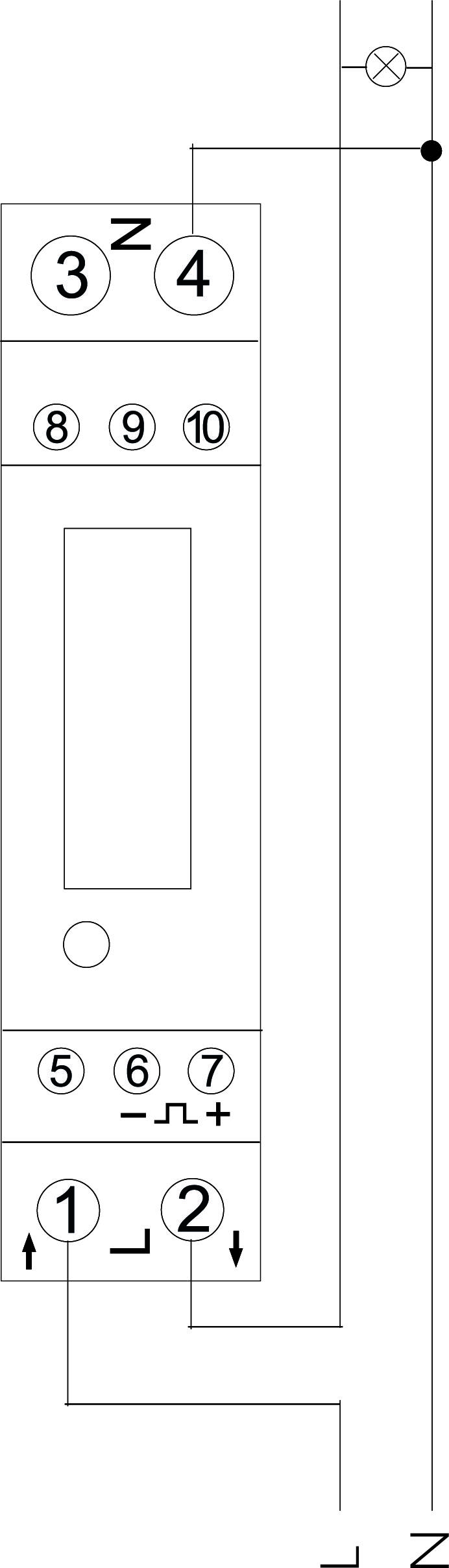 Schaltplan zeigt ein elektrisches Relais mit Anschlüssen und Symbolen für Stromkreise und Steuerung, verbunden mit einer Leuchte.