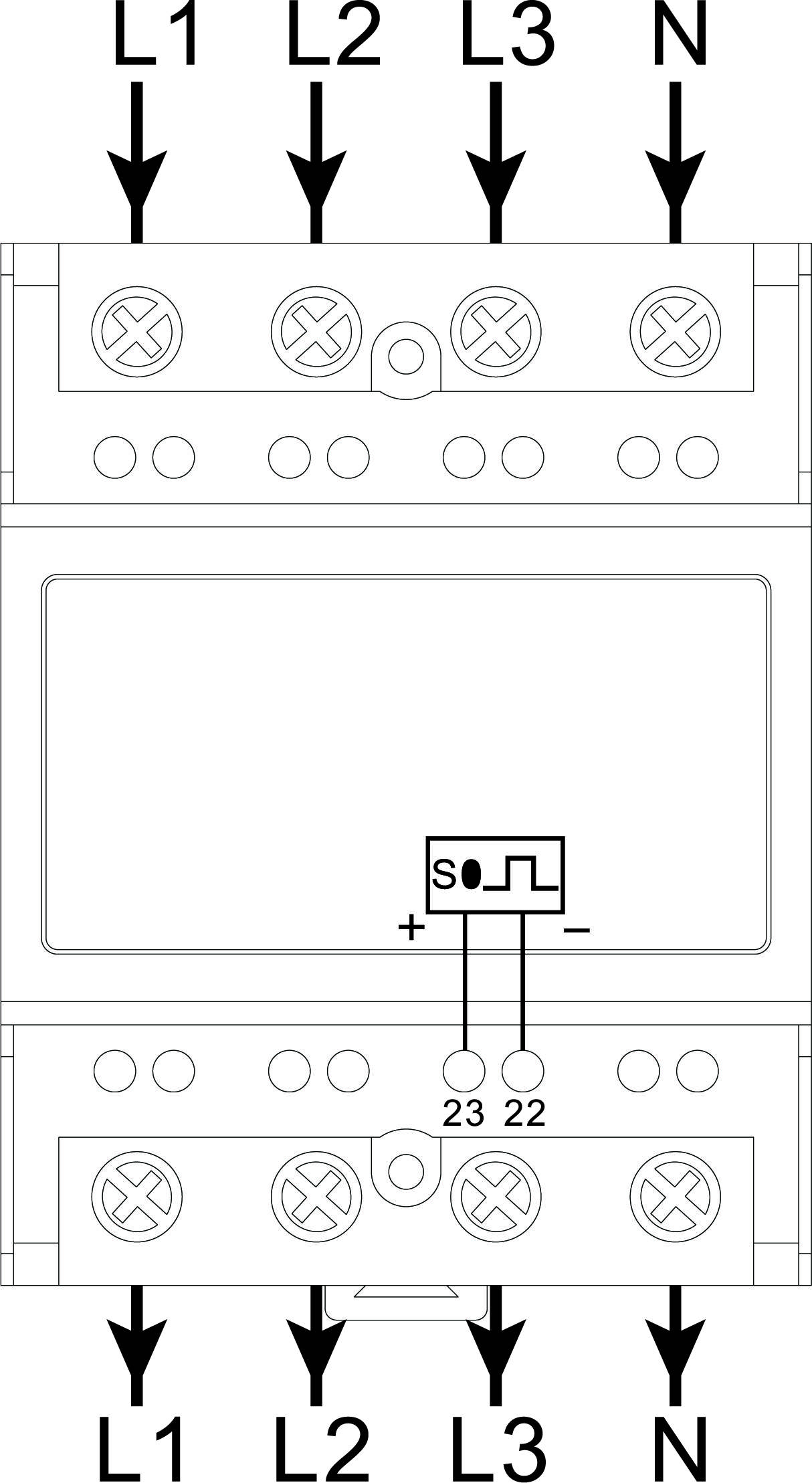 'Schaltsymbol und Anschlussbelegung eines Stromschalters mit Klemmen L1, L2, L3, N und Anschlüssen 22, 23. Diagramm zur elektrischen Installation.'
