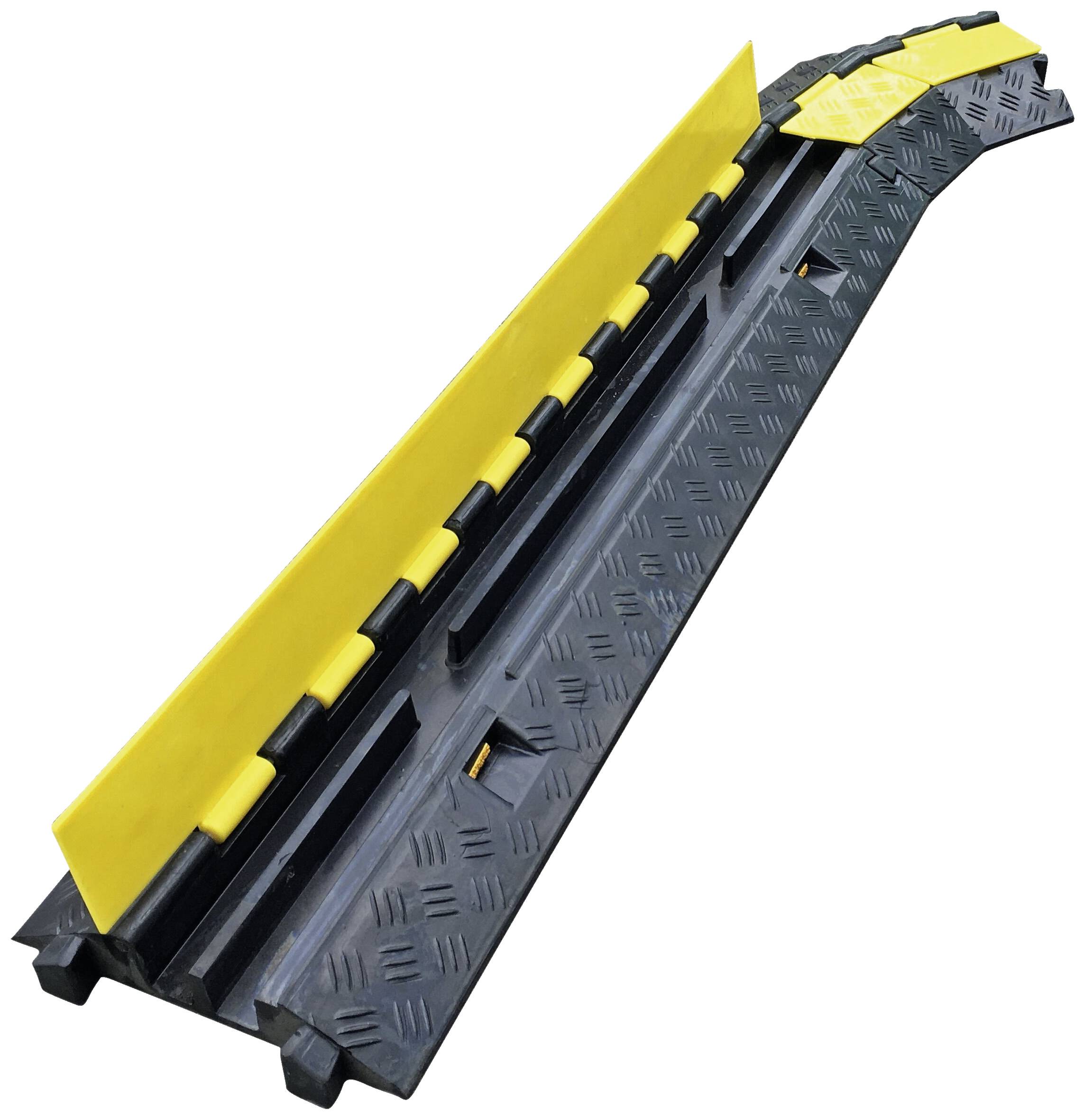 Schwarze Kabelbrücke mit gelben Warnmarkierungen. Sie hat mehrere Kanäle zum Schutz von Kabeln vor Beschädigungen und bietet Rutschsicherheit.