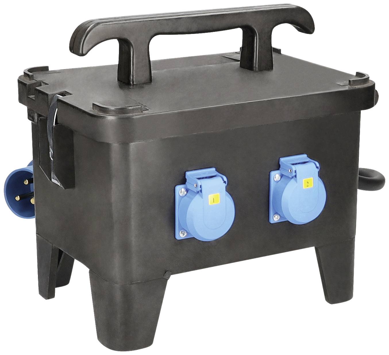 Tragbarer Baustromverteilerkasten mit zwei blauen CEE-Dosen und einem schwarzen Griff, geeignet für den Einsatz auf Baustellen.