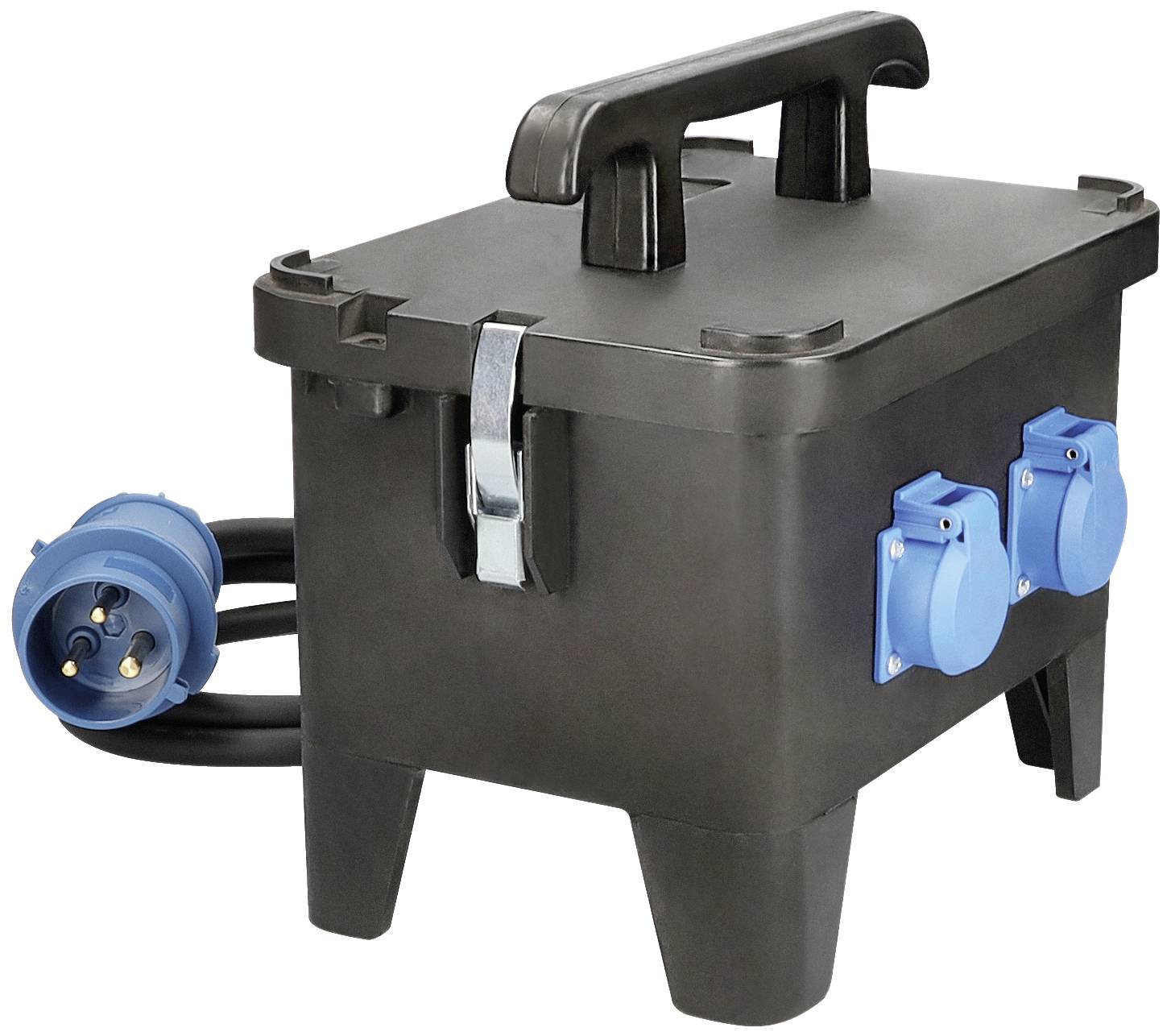 Eine schwarze elektrische Verteilerbox mit blauem Steckerausgang und Griff. Geeignet für den Einsatz auf Baustellen oder im Außenbereich.