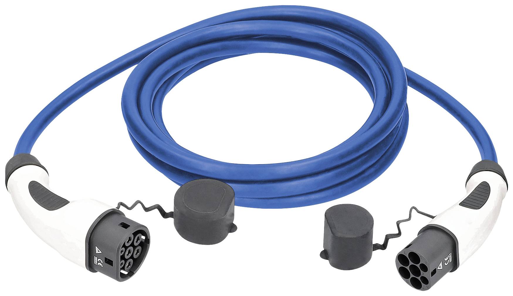 Ein blaues Ladekabel für Elektrofahrzeuge mit zwei Steckverbindern, geeignet zum Aufladen an Ladestationen.