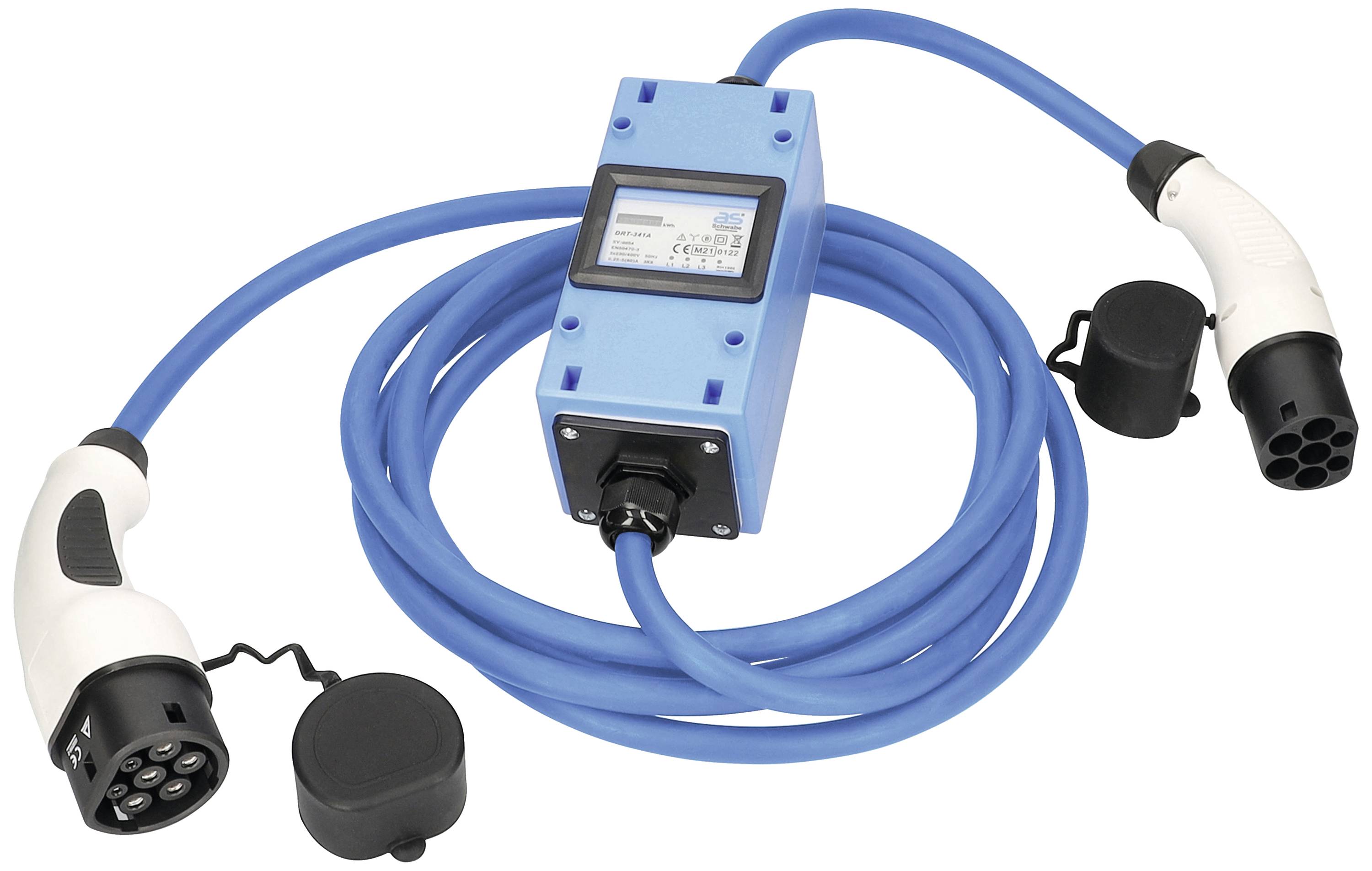 Ladekabel für Elektrofahrzeuge mit blauer Box und zwei Steckern auf den Enden; Anzeige in der Mitte der Box.