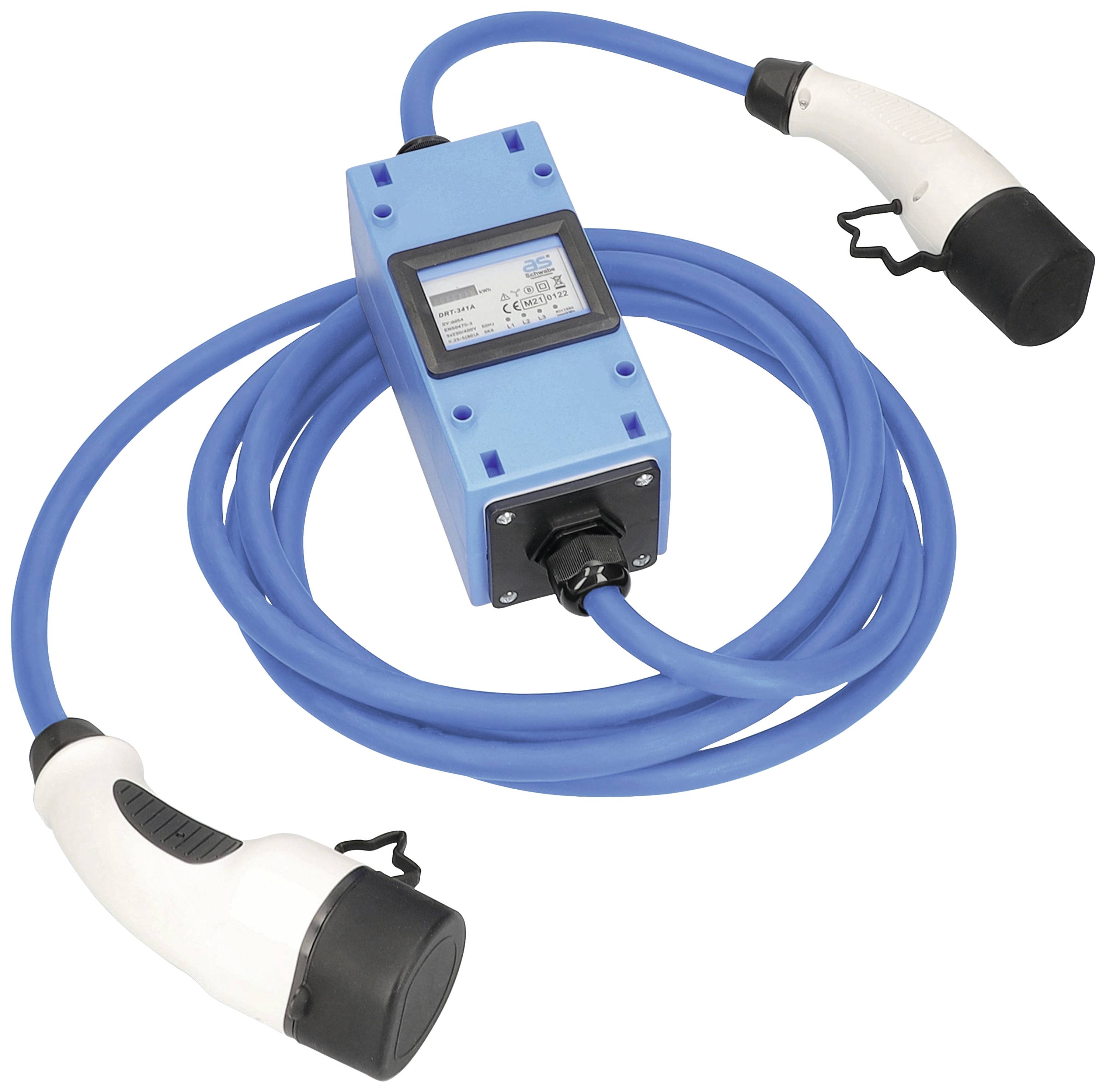 Ein blaues Ladekabel mit zwei weißen Steckern und einem rechteckigen Kontrollkasten in der Mitte, vermutlich für Elektrofahrzeuge.