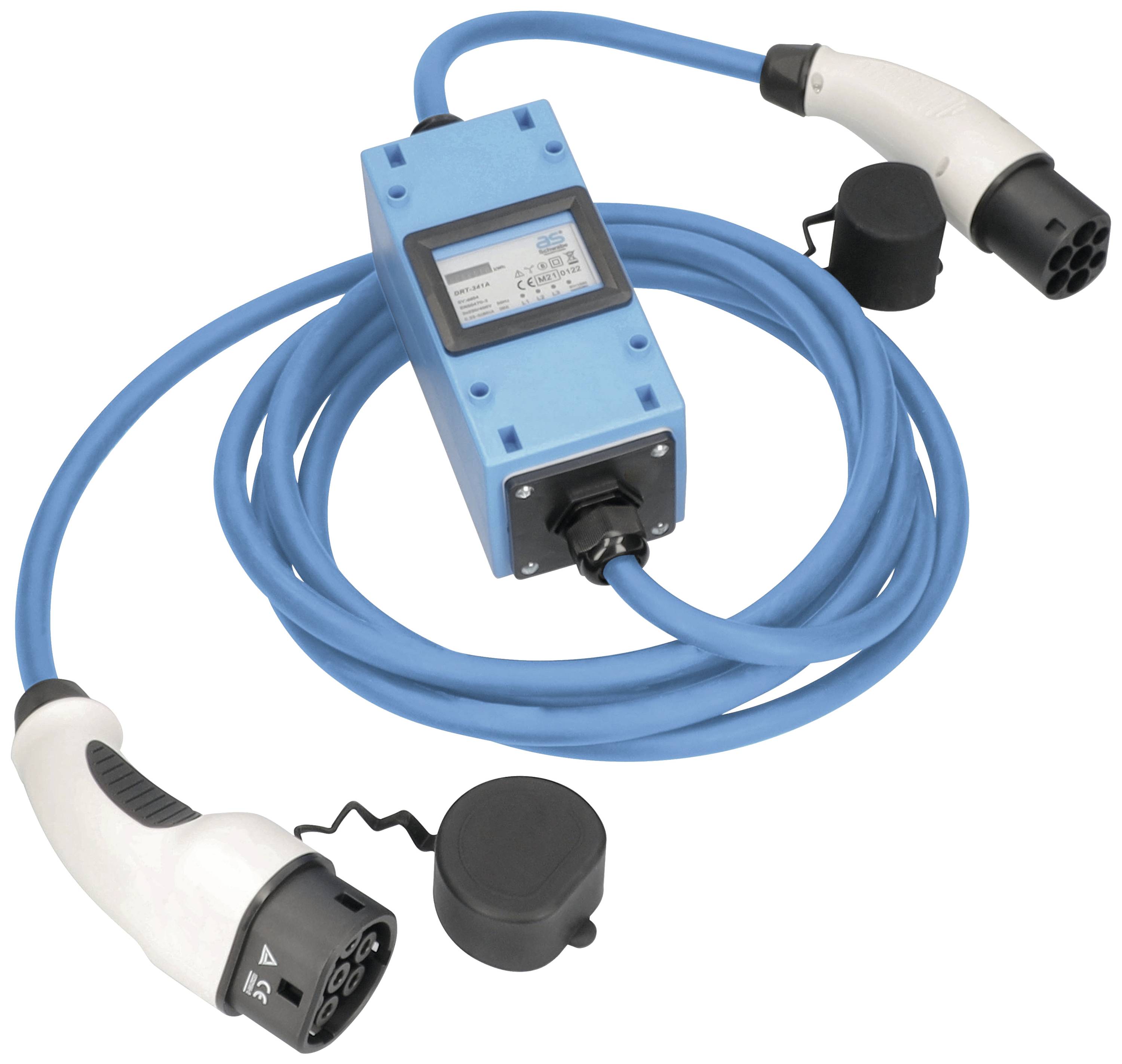Ein blaues Elektroauto-Ladekabel mit zwei Steckverbindern und einem rechteckigen Gehäuse in der Mitte, das technische Informationen anzeigt.