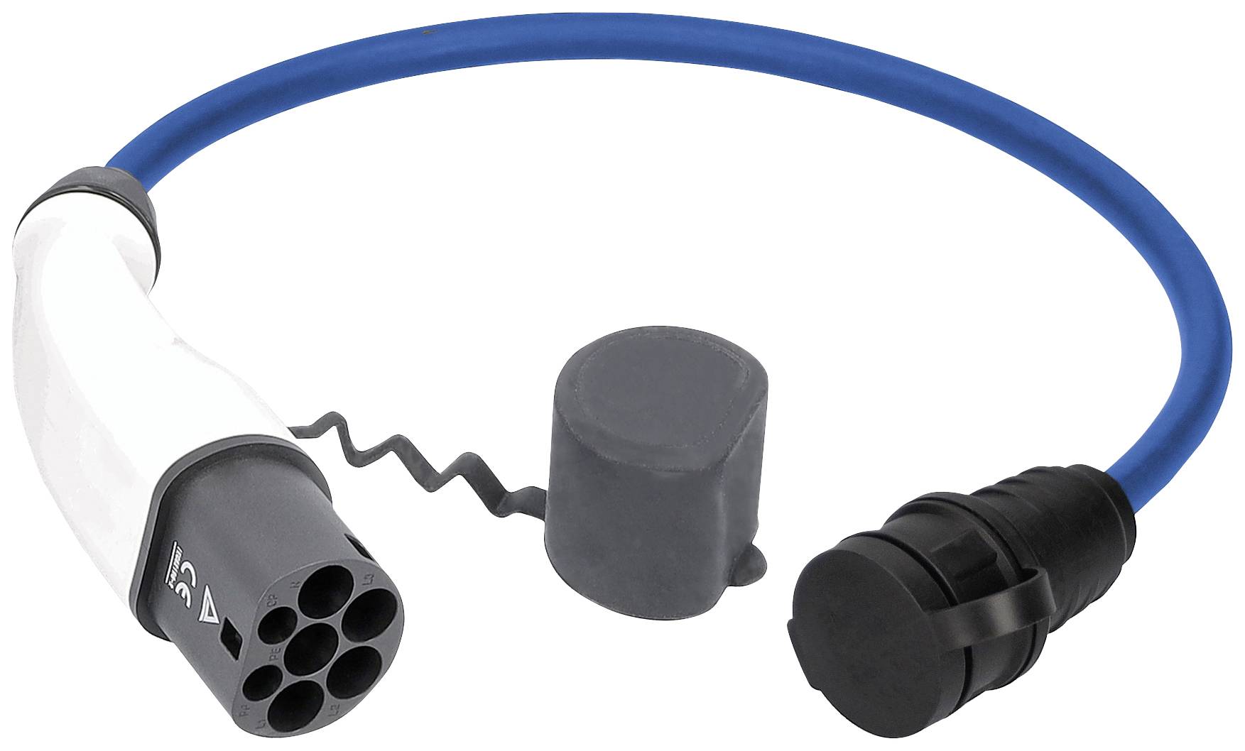 Ein blaues Kabel mit einem Stecker für das Laden von Elektrofahrzeugen, abgebildet mit Schutzkappen an beiden Enden.