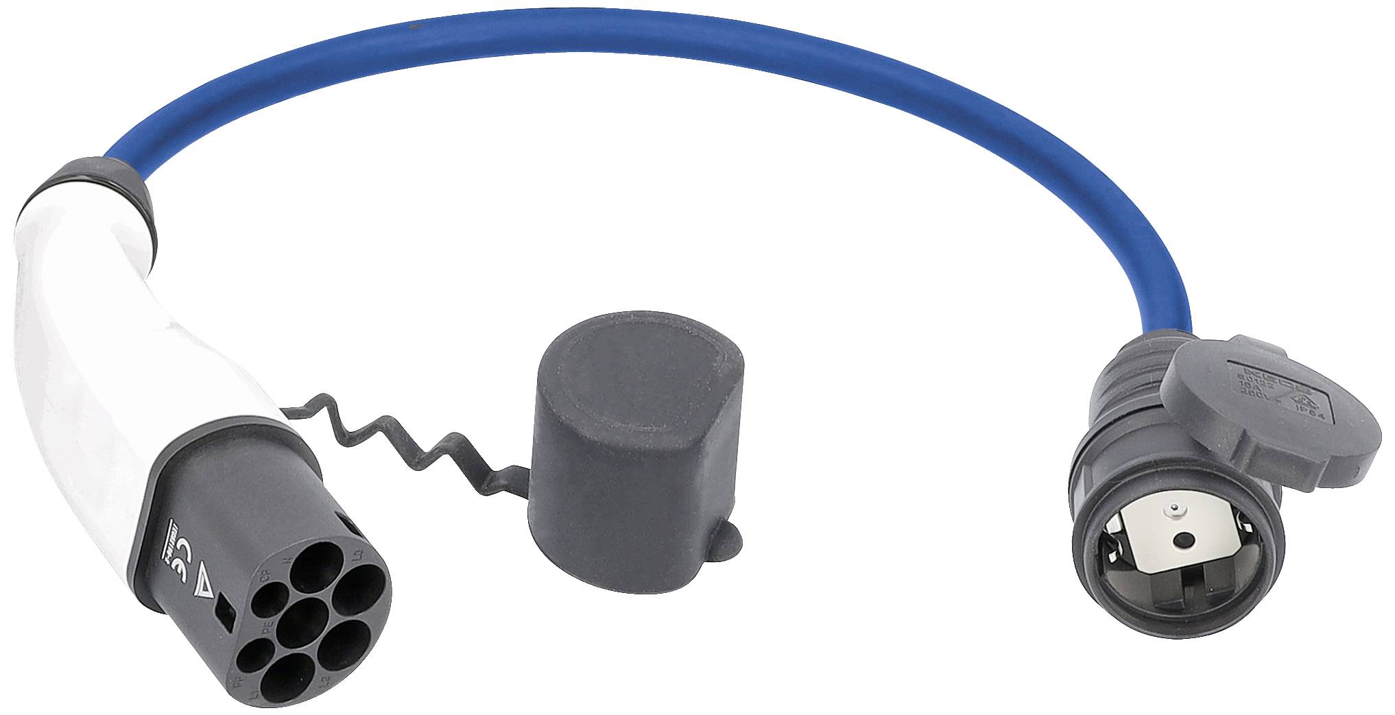Ein blaues Ladekabel mit weißen und schwarzen Steckern für Elektrofahrzeuge, liegend, mit Schutzkappe abgenommen.