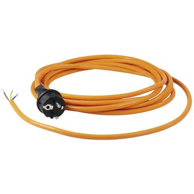 Ein langes, orangefarbenes Verlängerungskabel mit schwarzem Stecker und freiliegenden Adern am anderen Ende.
