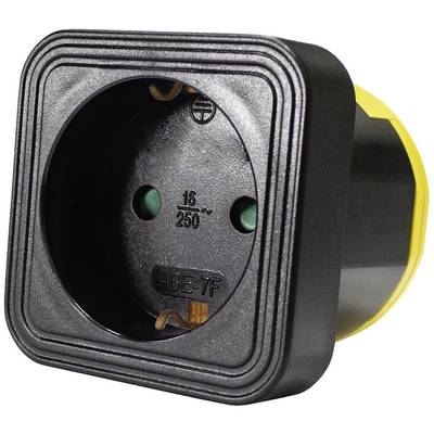 Schwarze Steckdose mit gelben Rahmen, für elektrische Geräte, zeigt Aufschrift '16A 250V', geeignet für industrielle Anwendungen.