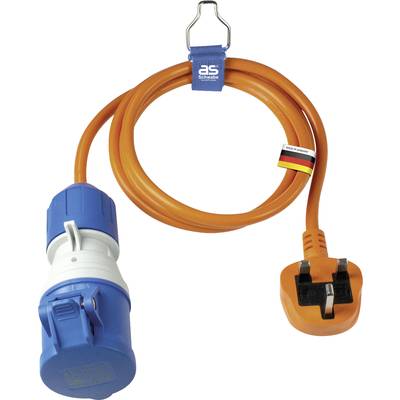 Ein orangefarbenes Verlängerungskabel mit einem blauen Steckeradapter für Campingzwecke.