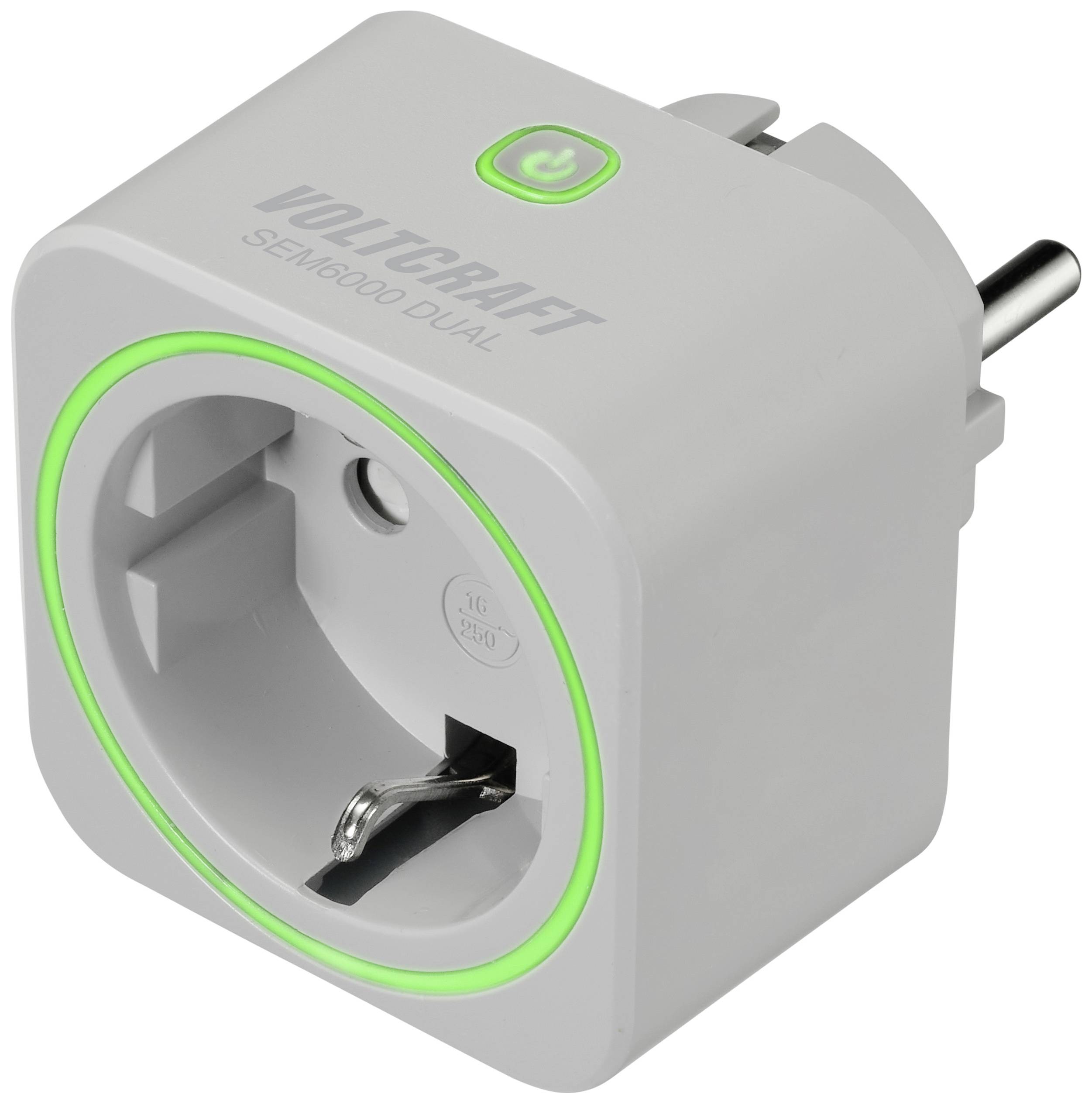 Eine smarte Steckdose der Marke Voltcraft mit eingebautem Knopf und grünem Leuchtring, geeignet für digitale Energieüberwachung.