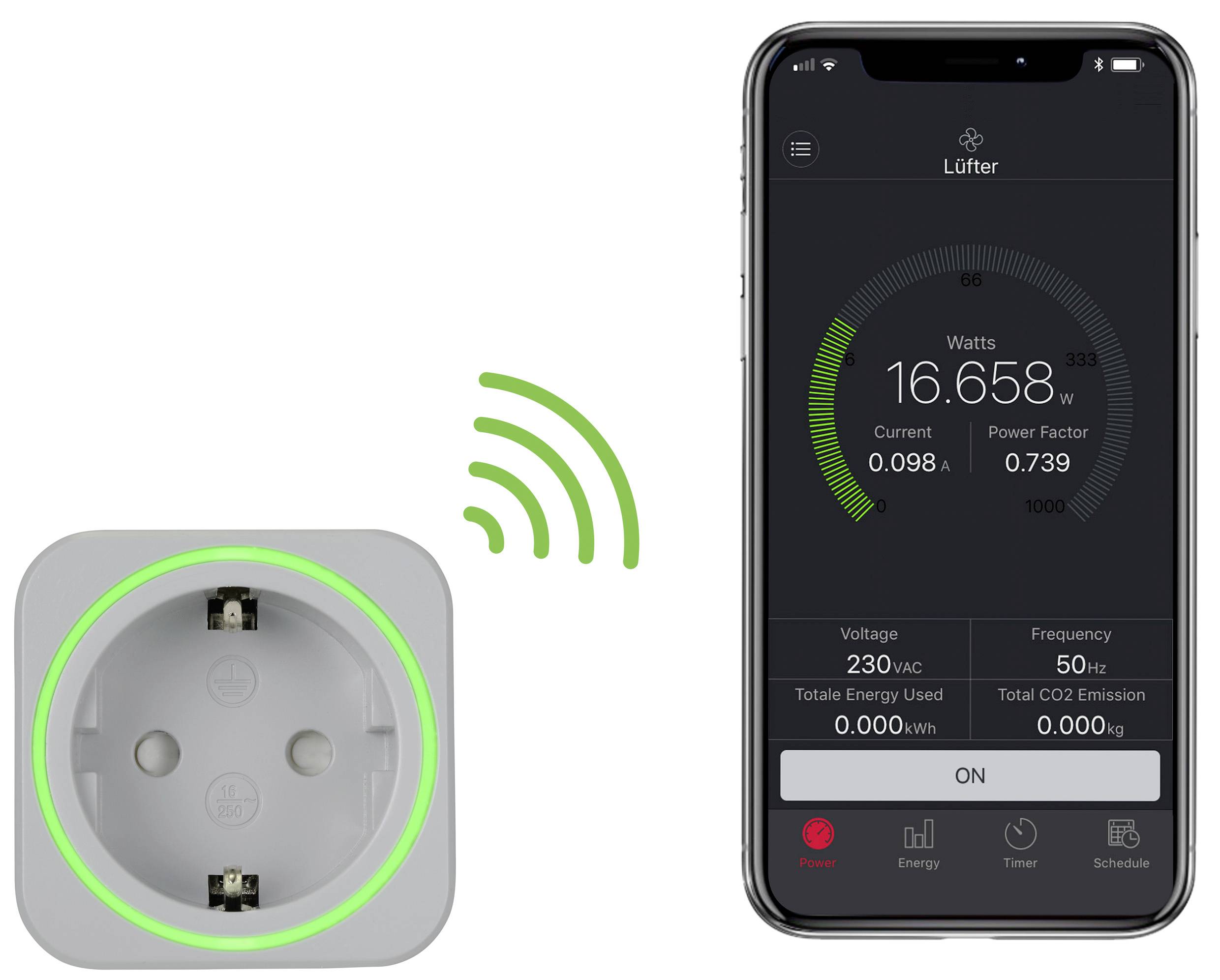 Eine smarte Steckdose verbindet sich drahtlos mit einem Smartphone. Auf dem Bildschirm werden Stromverbrauch in Watt und weitere Details angezeigt.