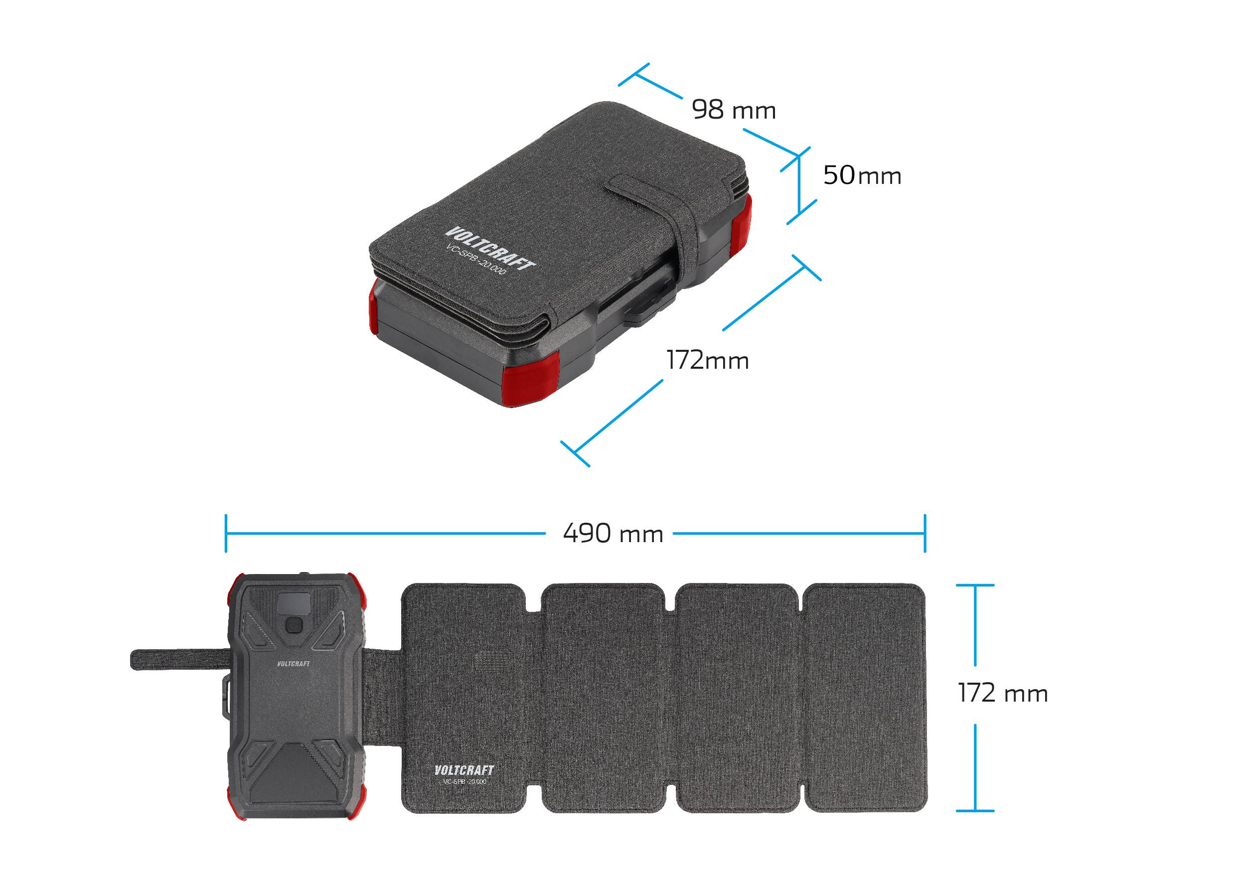 Abgebildet ist eine aufklappbare Werkzeugtasche. Zusammengeklappt sind die Maße 98 mm x 50 mm x 172 mm. Ausgeklappt ist die Länge 490 mm.