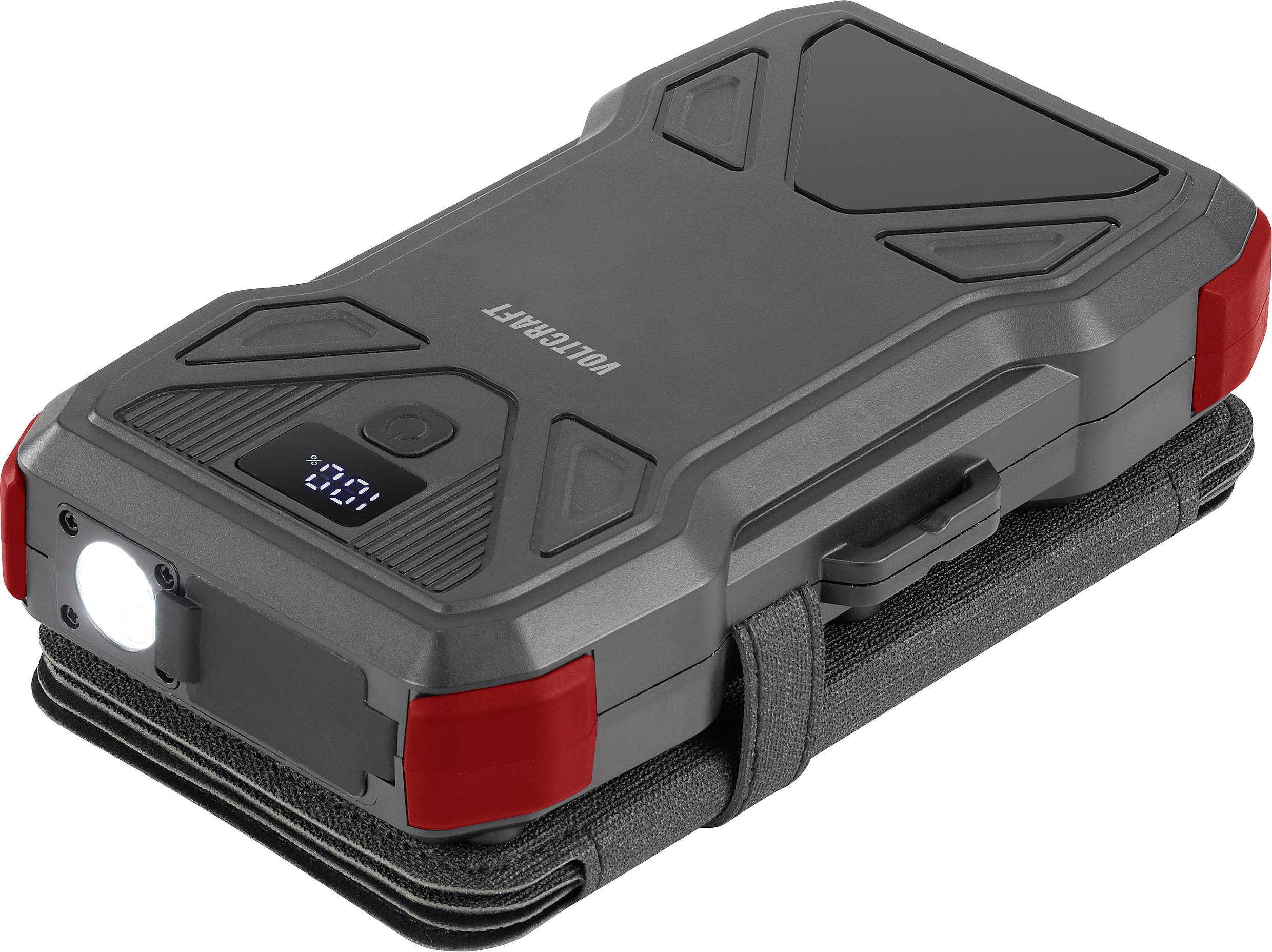 Eine schwarze Powerbank mit digitalem Display und Taschenlampe, robustes Design, für Outdoor-Einsätze geeignet.