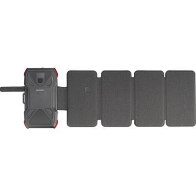 Ein schwarzes, tragbares Solarladegerät mit vier ausklappbaren Solarpanels zur Energiegewinnung. Links in der Abbildung geschlossen.