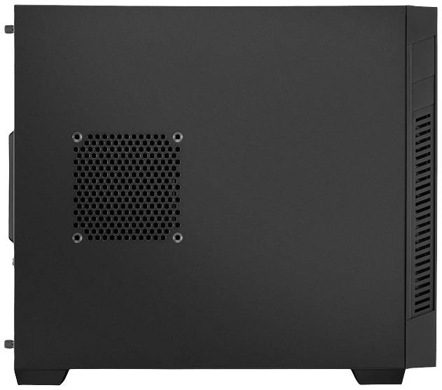 Schwarzes Computergehäuse von der Seite, mit Lüftungsgitter sichtbar. Keine Markenkennzeichnung oder auffällige Designelemente.