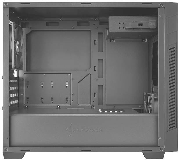 Ein leerer Computer-Tower mit Lüftern, Laufwerksschacht und offenem Gehäuse zeigt interne Montagemöglichkeiten und Belüftung.