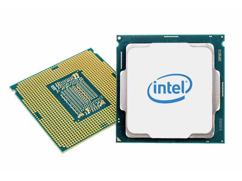 Zwei Computerprozessoren, einer zeigt die Oberseite mit 'Intel'-Logo, der andere die Unterseite mit Pins.